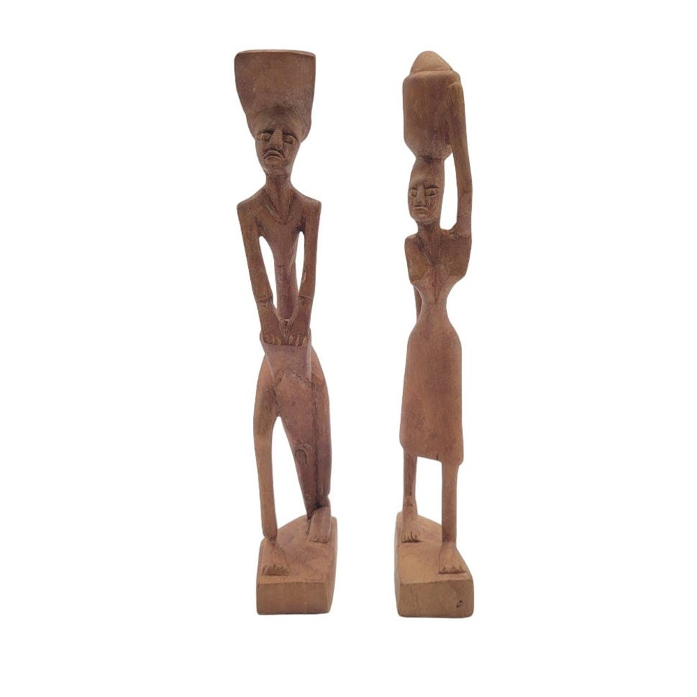 2 African Tribal Art Hand Carved Wood Figures Woman Pot on Head‎ Man w/ Drum 12"